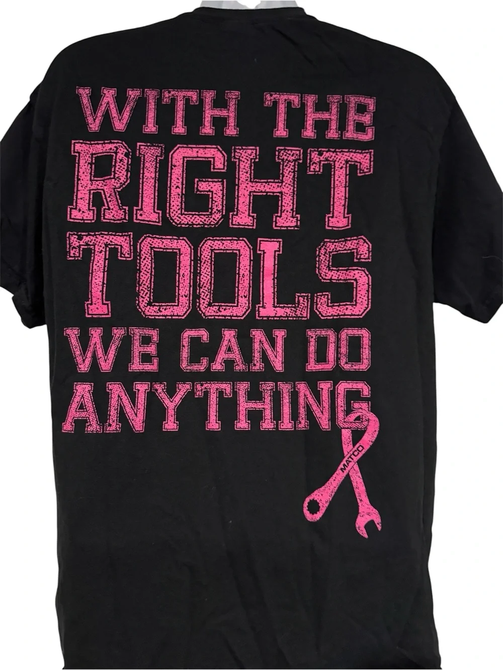 Black Short-Sleeve Crew Neck T-Shirt with Pink Ribbon Wrench Graphic